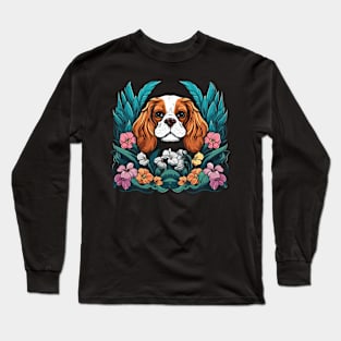 King Charles Spaniel with lilies illustration Long Sleeve T-Shirt